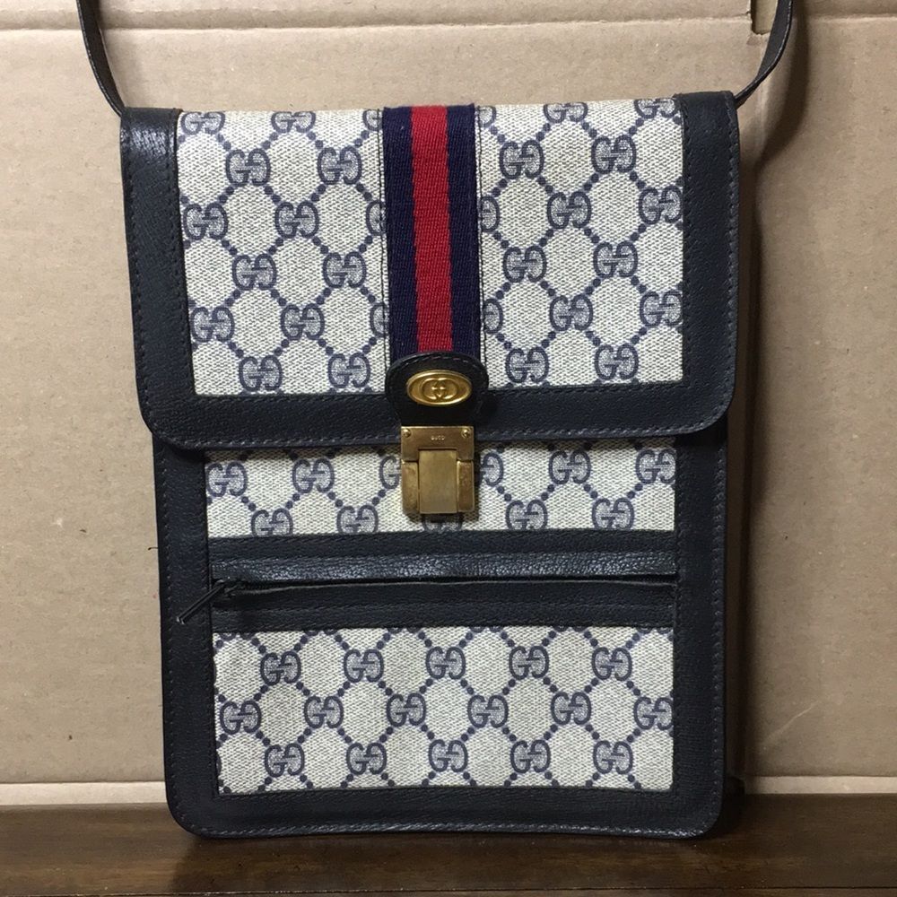 GUCCI GG Ophidia Sherry Line Stripe Navy Leather Coated Canvas Messenger Bag